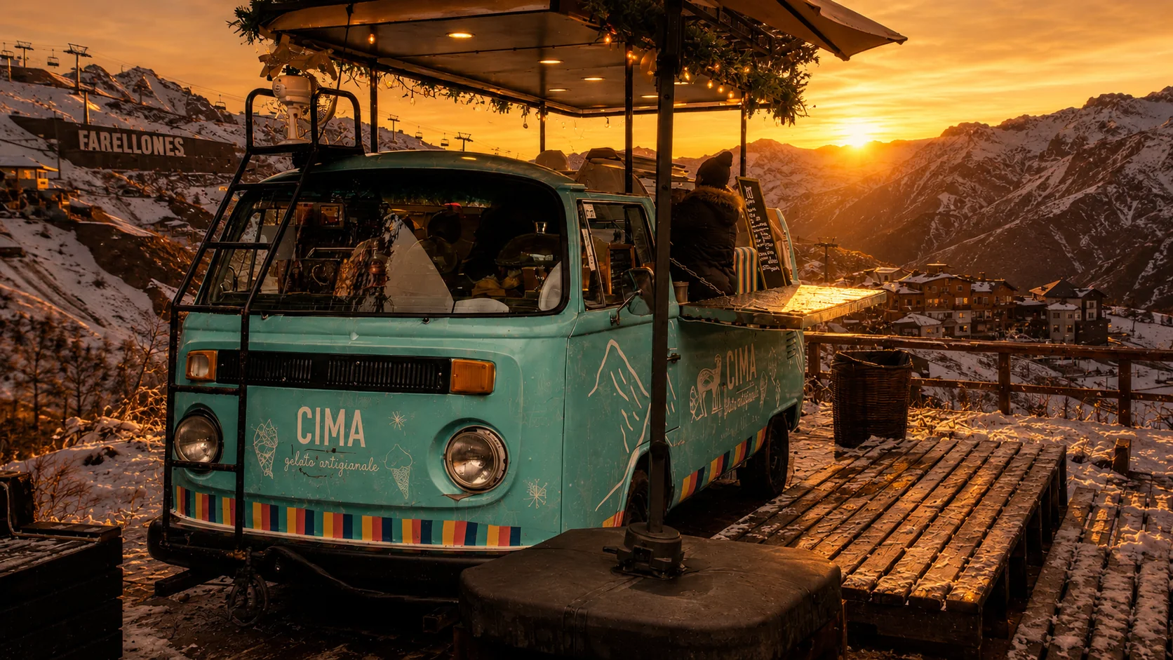 Concepto visual de la KOMBI como cafetería en Farellones
